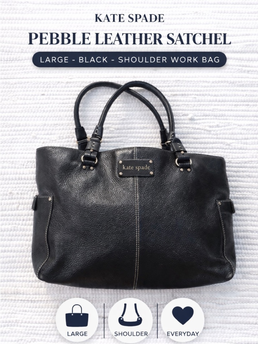 Kate Spade Pebble Leather Satchel Large Black Shoulder Work Bag